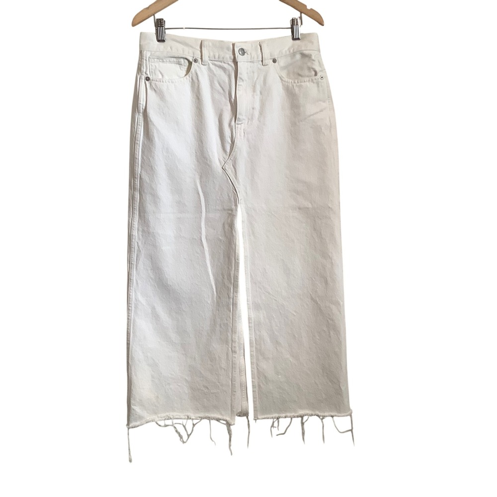 Madewell White Denim Midi Skirt Raw Hem Front Slit Cotton Size 29